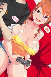 Rule 34 | 1boy, 1girl, bare shoulders, breasts, brown hair, cleavage, controller, game controller, gamepad, heart, highres, kurorettsu, large breasts, long hair, original, pink eyes, playing games, shiny skin, short shorts, shorts, smile, thighs, translation request