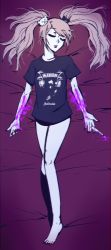 Rule 34 | 1girl, band shirt, bare legs, barefoot, bear hair ornament, black metal, blonde hair, blood, blood on arm, blood on bed, blood on hands, bloody weapon, bottomless, commission, commissioner upload, corpse, danganronpa: trigger happy havoc, danganronpa (series), death, enoshima junko, fake nails, feet, fingernails, full body, guro, hair ornament, highres, injury, junkoexe, knife, knife in hand, long eyelashes, long fingernails, long hair, merchandise, nail polish, pale skin, pink blood, red nails, self-harm, shining (black metal band), shirt, suicide, t-shirt, toenail polish, toenails, weapon