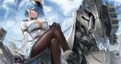 Rule 34 | 1girl, absurdres, azur lane, black gloves, blue hair, breasts, brown pantyhose, chapayev (azur lane), cleavage, cloud, cloudy sky, commentary, crossed legs, day, feet out of frame, gloves, grin, hair between eyes, hair ornament, hairclip, hand on own knee, harris hero, hat, highres, jacket, large breasts, long sleeves, looking at viewer, mole, mole on breast, pantyhose, peaked cap, purple eyes, short hair, skirt, sky, smile, solo, swept bangs, white hat, white jacket, white skirt