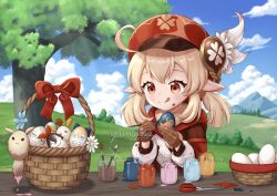 Rule 34 | 1girl, :q, ahoge, albedo (genshin impact), basket, blue sky, blurry, bottle, brown gloves, brown scarf, cabbie hat, calligraphy brush, cameo, cloud, cloudy sky, clover print, coat, commentary, depth of field, dodoco (genshin impact), easter egg, egg, english commentary, genshin impact, gloves, hair between eyes, hat, hat feather, hat ornament, horizon, jean (genshin impact), kaeya (genshin impact), klee (genshin impact), light brown hair, long hair, long sleeves, looking away, mixed-language commentary, mountainous horizon, orange eyes, outdoors, paint, paintbrush, painting (action), pointy ears, red coat, red hat, scarf, sidelocks, sky, smile, solo, stuffed animal, stuffed toy, table, tongue, tongue out, tree, watermark, yumiina art