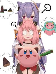 Rule 34 | 1boy, 2girls, absurdres, anya (spy x family), bamboo shoot, blue eyes, blush, blush stickers, child, double bun, dress, food, food on face, frilled sleeves, frills, genshin impact, gwan-e, hair bun, hair ornament, hairclip, half-closed eyes, highres, horns, hug, hug from behind, keqing (genshin impact), kirby, kirby&#039;s dream land, kirby (series), looking at viewer, mihoyo, multiple girls, nintendo, open mouth, pinecone, pink hair, purple eyes, purple hair, simple background, smile, spy x family, stuffed animal, stuffed toy, thought bubble, trait connection, twintails, white background, wide-eyed