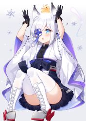 Rule 34 | 1girl, ?, absurdres, animal, animal ear fluff, animal ears, animal on head, arms up, azur lane, bird, black skirt, blue eyes, blush, boots, chick, cold, commentary request, cross-laced footwear, fox ears, gradient background, grey background, hair over one eye, high-waist skirt, highres, japanese clothes, kasumi (azur lane), kimono, knee boots, knees up, lace-up boots, long hair, manjuu (azur lane), on head, parted lips, pigeon-toed, pleated skirt, ribbon trim, rudder footwear, short sleeves, silver hair, sitting, skirt, snot, snowflake background, solo, t@ke-g, thighhighs, trembling, triangle mouth, white background, white footwear, white kimono, white thighhighs, wide sleeves