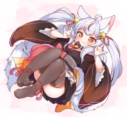 Rule 34 | 1girl, :3, \n/, ahoge, animal ear fluff, animal ears, ankle ribbon, babalilo, bell, belt collar, black thighhighs, collar, dorsiflexion, double fox shadow puppet, fang, fox shadow puppet, hair bell, hair ornament, hair ribbon, highres, indie virtual youtuber, japanese clothes, kamiko kana, leg ribbon, long hair, neck bell, orange eyes, ribbon, silver hair, simple background, solo, tail, thighhighs, toe scrunch, toes, twintails, virtual youtuber