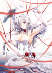 Rule 34 | 1girl, blurry, blurry background, braid, breasts, cleavage, dress, dress flower, elbow gloves, entangled, g36c (girls&#039; frontline), g36c (you who steps up) (girls&#039; frontline), girls&#039; frontline, gloves, h&amp;k g36c, hachiware (8ware63), hair over one eye, high heels, highres, long hair, looking at viewer, official alternate costume, red eyes, red ribbon, ribbon, sitting, solo, thighhighs, unworn footwear, wariza, wedding dress, white footwear, white gloves, white hair, white thighhighs