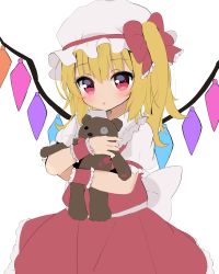 Rule 34 | 1girl, :o, back bow, bad id, bad pixiv id, blonde hair, blush, bow, cowboy shot, crystal, flandre scarlet, frilled shirt collar, frills, hair bow, hat, highres, holding, holding stuffed toy, medium hair, mob cap, one side up, parted lips, poco (zdrq3), puffy short sleeves, puffy sleeves, red bow, red eyes, red skirt, red vest, short sleeves, simple background, skirt, solo, stuffed animal, stuffed toy, teddy bear, touhou, vest, white background, white bow, white hat, wings, wrist cuffs