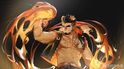 Rule 34 | 1boy, abs, alca (wakatanka4), animal ears, artist request, bara, bare pectorals, bare shoulders, beard, black hair, chest hair, chest tattoo, facial hair, fighting stance, flaming hand, gyee, highres, lion boy, lion ears, male focus, mature male, muscular, muscular male, navel, navel hair, original, pectorals, short hair, sleeveless, sleeveless jacket, smile, solo, stomach, tattoo, thick eyebrows, undercut, unfinished