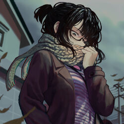 Rule 34 | 1girl, bag, black eyes, black hair, blurry, brown jacket, chinese commentary, cloud, cloudy sky, commentary request, depth of field, falling leaves, fujimiya sumika (isekai ojisan), grey scarf, hand up, handbag, holding, holding clothes, holding scarf, house, isekai ojisan, jacket, leaf, long sleeves, looking down, open clothes, open jacket, outdoors, purple shirt, scarf, semi-rimless eyewear, shirt, short hair, short ponytail, sky, solo, standing, striped clothes, striped shirt, upper body, utility pole, yi dui po shi de mou ren