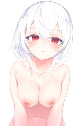 Rule 34 | 1girl, breasts, collarbone, hair between eyes, highres, large breasts, looking at viewer, navel, nipples, original, otokuyou, parted lips, red eyes, short hair, simple background, solo, sweat, upper body, white background, white hair