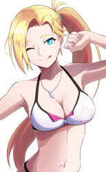 Rule 34 | 1girl, aqua eyes, bare shoulders, blonde hair, breasts, calamity jane (fate), cleavage, closed mouth, collarbone, dog tags, earrings, facial tattoo, fate/grand order, fate (series), hide hunter, highres, hoop earrings, jewelry, large breasts, licking lips, long hair, looking at viewer, navel, necklace, one eye closed, side ponytail, simple background, smile, solo, star tattoo, tattoo, thunderstriker, tongue, tongue out, very long hair, white background