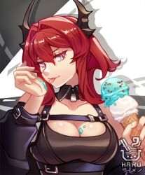 Rule 34 | 1girl, :p, arknights, bare shoulders, black dress, breasts, cleavage, commentary, dress, drop shadow, food, hair intakes, hakuramen, hands up, holding, holding food, horns, ice cream, large breasts, looking at viewer, medium hair, purple eyes, red hair, solo, surtr (arknights), tongue, tongue out, upper body