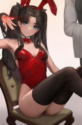 Rule 34 | 1girl, 1other, animal ears, ass, black hair, black thighhighs, blue eyes, bow, bowtie, breasts, chair, closed mouth, command spell, covered navel, detached collar, fake animal ears, fate/stay night, fate (series), highres, legs up, leotard, long hair, ola (bunnyfly), parted bangs, playboy bunny, rabbit ears, red bow, red bowtie, red leotard, sitting, small breasts, smile, solo focus, thighhighs, thighs, tohsaka rin, two side up