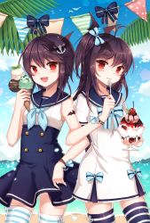 Rule 34 | 2girls, :d, ahoge, anchor hair ornament, bad id, bad pixiv id, bat hair ornament, beach, black hair, blush, bow, cherry, cloud, day, diten, dress, fang, food, fruit, hair bow, hair ornament, holding, holding spoon, ice cream, ice cream cone, locked arms, long hair, multiple girls, nail polish, neckerchief, open mouth, outdoors, red eyes, rion flina, sailor collar, sailor dress, shaved ice, short sleeves, side ponytail, sion flina, sleeveless, smile, sparkle, spoon, striped bow, striped clothes, striped legwear, striped thighhighs, sword girls, thighhighs, water, zettai ryouiki