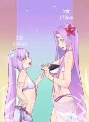 Rule 34 | 2girls, bare shoulders, bikini, blush, bracelet, breast envy, breasts, euryale (fate), facial mark, fate/hollow ataraxia, fate/stay night, fate (series), flower, forehead mark, from side, hair flower, hair ornament, height difference, hibiscus, jewelry, kemokain, large breasts, long hair, medusa (fate), medusa (rider) (fate), multiple girls, nail polish, open mouth, pointing, purple eyes, purple hair, purple nails, rose, sarong, siblings, sisters, small breasts, standing, swimsuit, teeth, twintails, very long hair, white flower, white rose