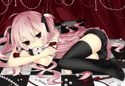 Rule 34 | 1girl, ass, bad id, bad nicoseiga id, black thighhighs, checkered floor, hugging doll, female focus, floor, hair ribbon, jewelry, kabu (nico nico), long hair, lying, necklace, hugging object, on side, original, pearl necklace, pink hair, red eyes, ribbon, short twintails, shorts, solo, stuffed animal, stuffed rabbit, stuffed toy, thighhighs, twintails, two side up