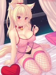 Rule 34 | 1girl, animal ear fluff, animal ears, arm support, babydoll, bed, bell, black panties, blonde hair, bow, bow panties, breasts, cleavage, collar, collarbone, commentary, curtains, english commentary, fishnet thighhighs, fishnets, grin, heart, heart-shaped pillow, highres, indoors, large breasts, lingerie, neck bell, night, nipples, nottytiffy, original, panties, patreon username, pillow, pink babydoll, pink thighhighs, ponytail, purple eyes, red scrunchie, scrunchie, see-through, sitting, slit pupils, smile, solo, strap pull, tail, thigh gap, thighhighs, thighs, tiffy (nottytiffy), toes, underwear, underwear only, watermark, web address, window, yokozuwari