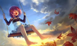 Rule 34 | 1girl, autumn, bad id, bad pixiv id, barefoot, closed eyes, cloud, feet, highres, leaf, observerz, original, outdoors, panties, pink hair, short hair, sky, soles, solo, striped clothes, striped panties, swing, toes, underwear