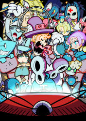 Rule 34 | 6+boys, 6+girls, avery (skullgirls), bandages, big band, black hair, blonde hair, blue eyes, bomb, brown hair, bun cover, chair, colored sclera, controller, double bun, dr avian (skullgirls), dress, explosive, fins, food, glasses, goggles, grin, hair bun, hair over one eye, hat, hive (skullgirls), ileum (skullgirls), kuchibashi (9180), leduc (skullgirls), long hair, long tongue, mask, mechanical arms, multiple boys, multiple girls, old, old man, open mouth, orange hair, peacock (skullgirls), popcorn, red eyes, remote control, shark, short hair, sitting, skullgirls, smile, stanley whitefin, stitches, teeth, television, tommy ten-tons, tongue, tongue out, top hat, yellow sclera