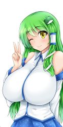 Rule 34 | 1girl, arm behind back, bad id, bad twitter id, blue skirt, blush, breasts, cowboy shot, detached sleeves, female focus, frog hair ornament, green hair, hair ornament, hair tubes, huge breasts, hydrant (kasozama), kochiya sanae, long hair, looking at viewer, one eye closed, simple background, skirt, sleeveless, smile, snake hair ornament, solo, touhou, v, very long hair, white background, yellow eyes