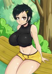 Rule 34 | 1girl, atlus, black hair, breasts, brown eyes, cleavage, curvy, hair ornament, hairclip, highres, hip bones, large breasts, looking at viewer, mayuzumi yukino, midriff, navel, persona, persona 1, shiny skin, short hair, sitting, smile, solo, swimsuit, thighs, young savage