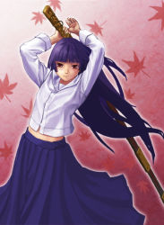Rule 34 | 1girl, kawa akira, leaf, long hair, maple leaf, purple hair, solo, sword, weapon