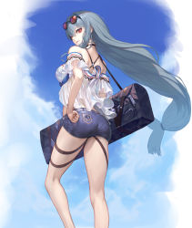 Rule 34 | 1girl, arknights, ass, bag, bare shoulders, black choker, blue sky, breasts, choker, commentary request, day, eyewear on head, feet out of frame, from behind, long hair, looking at viewer, looking back, low-tied long hair, medium breasts, no headwear, no headwear, off-shoulder shirt, off shoulder, official alternate costume, partial commentary, red eyes, saikoro (et1312), shirt, short sleeves, sidelocks, silver hair, skadi (arknights), skadi (waverider) (arknights), sky, solo, standing, sunglasses, thigh strap, thighs, very long hair, white shirt