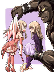 Rule 34 | 1boy, 1girl, bare shoulders, black hair, blonde hair, blush, boots, cape, dark-skinned male, dark skin, detached sleeves, dual persona, fate/kaleid liner prisma illya, fate/stay night, fate (series), feather hair ornament, gloves, hair ornament, held up, heracles (fate), highres, illyasviel von einzbern, jacket, leaning forward, long hair, long sleeves, looking at another, muscular, pantyhose, pink shirt, pink skirt, pleated skirt, prisma illya, purple footwear, purple jacket, red eyes, scared, shaded face, shirt, sitting on arm, skirt, smug, sweat, thigh boots, thighhighs, wavy mouth, white gloves, winged footwear, you gonna get raped, zatou (kirsakizato)