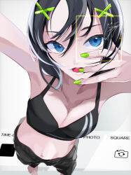 Rule 34 | 1girl, abs, bare arms, bare shoulders, barefoot, black hair, black shorts, blue eyes, breasts, cleavage, covered navel, english text, goma irasuto, green nails, hair ornament, highres, multicolored hair, nail polish, original, selfie, short hair, shorts, solo, sports bra, stomach, streaked hair