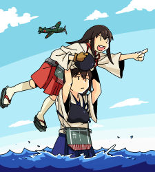 Rule 34 | 10s, 2girls, aircraft, airplane, akagi (kancolle), bad id, bad pixiv id, brown hair, carrying, carrying overhead, day, hobbang, japanese clothes, kaga (kancolle), kantai collection, long hair, multiple girls, muneate, personification, pointing, short hair, side ponytail, sky, water