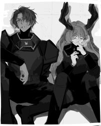 Rule 34 | 1boy, 1girl, against wall, antlers, armor, belt, cigarette, closed eyes, freckles, greyscale, heathcliff (project moon), highres, holding, holding cigarette, horns, ishmael (project moon), limbus company, long hair, long sleeves, monochrome, pants, parted bangs, project moon, shirt, sitting, smoking, sum56429629, vambraces, very long hair