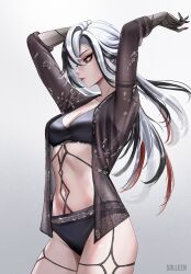 Rule 34 | 1girl, arlecchino (genshin impact), arms up, black bra, black hair, black panties, bra, breasts, cleavage, commentary, cowboy shot, genshin impact, grey background, highres, long hair, long sleeves, medium breasts, multicolored hair, navel, open clothes, panties, see-through, solleen, solo, standing, stomach, streaked hair, thighs, underwear, very long hair, white hair