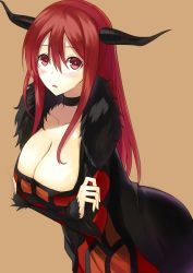Rule 34 | 10s, 1girl, blush, breasts, brown background, choker, cleavage, dress, highres, horns, huge breasts, kauto, long hair, looking at viewer, maou (maoyuu), maoyuu maou yuusha, red dress, red eyes, red hair, simple background, solo