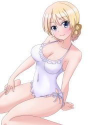Rule 34 | 10s, 1girl, alternate costume, ankoro (momomonsss), arm support, bare arms, bare shoulders, blonde hair, blue eyes, braid, breasts, cleavage, commentary request, covered navel, darjeeling (girls und panzer), eyebrows, french braid, girls und panzer, happy birthday, highres, large breasts, light smile, looking at viewer, simple background, sitting, solo, wariza, white background