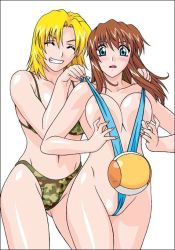Rule 34 | 2girls, ball, bikini, blonde hair, blue eyes, breasts, brown hair, dead or alive, hitomi (doa), large breasts, multiple girls, rudoni, slingshot swimsuit, smile, swimsuit, tecmo, tina armstrong, yuri