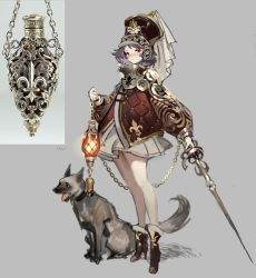 Rule 34 | 1girl, absurdres, animal, armor, blush, boots, brown footwear, brown hat, brown jacket, chain, closed mouth, collar, commentary request, dog, full body, grey background, grey hair, hat, high heels, highres, holding, holding lantern, holding sword, holding weapon, jacket, korean commentary, lantern, long sleeves, looking at viewer, looking away, nose blush, original, personification, photo-referenced, photo inset, rapier, red eyes, reference inset, shycocoa, simple background, skirt, solo, standing, sword, weapon, white skirt