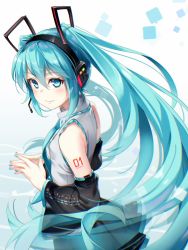 Rule 34 | 1girl, aqua hair, asutora, bare shoulders, black skirt, blue background, blue eyes, blue nails, blue necktie, blush, commentary request, cowboy shot, detached sleeves, gradient background, grey vest, hair between eyes, hatsune miku, headphones, highres, long hair, long sleeves, looking at viewer, nail polish, necktie, shoulder tattoo, skirt, smile, solo, standing, steepled fingers, tattoo, twintails, very long hair, vest, vocaloid, white background, wide sleeves, wing collar