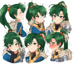 Rule 34 | 1girl, angry, blush, earrings, embarrassed, faces, fingerless gloves, fire emblem, fire emblem: the blazing blade, fire emblem heroes, fur trim, gloves, green eyes, green hair, high ponytail, highres, jewelry, long hair, looking at viewer, lyn (fire emblem), nintendo, ormille, pelvic curtain, ponytail, sad, smile, solo