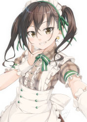 Rule 34 | 1girl, apron, blush, brown eyes, brown hair, brown shirt, brown skirt, center frills, collared shirt, commentary request, earrings, frilled apron, frills, glint, grin, hair between eyes, heart, heart earrings, idolmaster, idolmaster cinderella girls, jewelry, looking at viewer, maid headdress, miri (ago550421), mole, mole under eye, plaid, plaid shirt, puffy short sleeves, puffy sleeves, sharp teeth, shirt, short sleeves, signature, simple background, skirt, smile, solo, sunazuka akira, teeth, twintails, white apron, white background, wrist cuffs