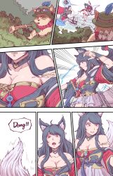 Rule 34 | 1boy, 1girl, absurdres, ahri (league of legends), animal ears, axe, battle, black hair, blowgun, breasts, cleavage, comic, darius (league of legends), dart, english text, fox ears, fox tail, furry, highres, large breasts, league of legends, leveen, magic, miniskirt, open mouth, poison, second-party source, skirt, sniping, tail, teemo
