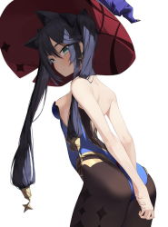 Rule 34 | 1girl, animal ears, arms behind back, ass, bare shoulders, black hair, black pantyhose, blue leotard, blush, breasts, cat ears, choker, closed mouth, cowboy shot, from side, genshin impact, green eyes, hair between eyes, hair ornament, hat, highres, leotard, looking at viewer, mona (genshin impact), pantyhose, simple background, sleeveless, small breasts, solo, soya (torga), sparkle print, twintails, white background, witch hat