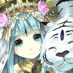 Rule 34 | 1girl, animal, bad id, bad pixiv id, bare shoulders, blue eyes, blue hair, facial mark, flower, forehead mark, hat, jewelry, long hair, looking at viewer, lotus, matching hair/eyes, mosamune, parvati (p&amp;d), portrait, puzzle &amp; dragons, smile, solo, tiger, upper body, white tiger