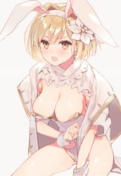 Rule 34 | 1girl, animal ears, areola slip, blonde hair, blush, breasts, cape, cleavage, djeeta (granblue fantasy), fake animal ears, flower, granblue fantasy, hair flower, hair ornament, hairband, large breasts, leotard, looking at viewer, open mouth, p (p25234112), rabbit ears, sage (granblue fantasy), short hair, simple background, sitting, solo, suggestive fluid, sweat, sweatdrop, thighs, white background, white cape, white leotard, wrist cuffs, yellow eyes