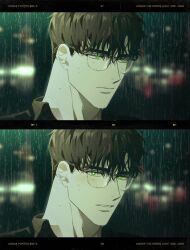 Rule 34 | 1boy, artist name, blurry, blurry background, brown hair, copyright name, glasses, green eyes, highres, jaxx s2, kodak (company), korean commentary, looking at viewer, looking to the side, male focus, matthew raynor, multiple views, polaroid, rain, thick eyebrows, under the greenlight