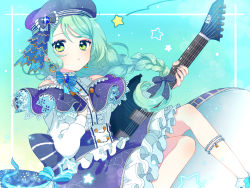 Rule 34 | 1girl, alternate hairstyle, bang dream!, beret, blue background, blue bow, blue skirt, bow, braid, capelet, center frills, clothing cutout, constellation print, corset, earrings, electric guitar, esp guitars, frilled skirt, frills, gemini (constellation), green eyes, guitar, hair bow, hand on own chest, hat, hat bow, hikawa sayo, hinakano h, holding, holding instrument, instrument, jewelry, lace, long hair, long sleeves, parted lips, print headwear, print skirt, ribbon, shirt, shoulder cutout, single braid, skirt, solo, star (symbol), striped ribbon, white shirt
