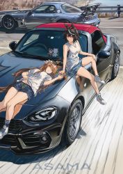 Rule 34 | 2girls, abarth 124 spider, absurdres, animal ears, artist name, asama (drift in), bare arms, black hair, blue legwear, blue shorts, breasts, brown eyes, brown hair, car, character doll, clothes lift, commentary, day, fiat, fiat 124 spider, guard rail, hair ornament, high tops, highres, horse ears, horse girl, horse tail, kitasan black (umamusume), long hair, looking at another, looking at viewer, mazda, mazda rx-7, medium breasts, mejiro mcqueen (umamusume), motor vehicle, multicolored hair, multiple girls, on vehicle, open mouth, outdoors, red eyes, satono diamond (umamusume), shirt, shirt lift, shoes, short hair, shorts, sitting, sleeveless, sleeveless shirt, small breasts, smile, sneakers, socks, sports car, streaked hair, symbol-only commentary, tail, tokai teio (umamusume), umamusume, v-neck, watermark, white footwear