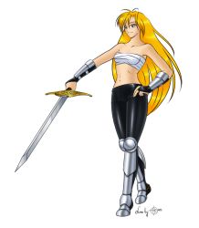 Rule 34 | 1girl, adk, armor, blonde hair, blue eyes, janne d&#039;arc, leather, leather pants, long hair, neo geo, pants, shiny clothes, skin tight, snk, sword, weapon, world heroes