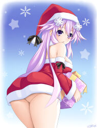 Rule 34 | 1girl, absurdres, adult neptune, alexstardust31, ass, bare shoulders, black bow, bow, box, breasts, choujigen game neptune, christmas, commentary, d-pad, d-pad hair ornament, detached sleeves, dress, english commentary, fur-trimmed dress, fur-trimmed headwear, fur-trimmed sleeves, fur trim, gift, gift box, hair ornament, hat, highres, holding, holding gift, long hair, looking at viewer, looking back, medium breasts, neptune (series), ornament, over shoulder, parted lips, pom pom (clothes), purple eyes, purple hair, red dress, red hat, red sleeves, santa costume, santa dress, santa hat, sidelocks, signature, snow, snowflake background, snowflakes, snowing, solo, star (symbol), star print, starry background, thighs