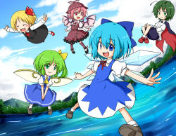 Rule 34 | 5girls, :d, ^ ^, animal ears, antennae, asymmetrical hair, bad id, bad pixiv id, blonde hair, blue hair, blush stickers, bow, bug, cape, chibi, child, cirno, closed eyes, cloud, daiyousei, day, fairy, floating, flying, frills, gimicalmas, green eyes, green hair, hair bow, happy, hat, lake, mary janes, mountain, multiple girls, mystia lorelei, open mouth, outstretched arms, pink hair, red eyes, rumia, shoes, short hair, side ponytail, sky, smile, spread arms, team 9 (touhou), touhou, tree, v arms, wings, wriggle nightbug