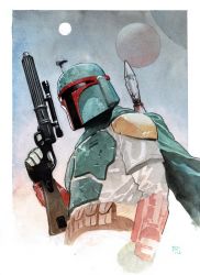 Rule 34 | 1boy, armor, boba fett, cape, clenched hand, dike ruan, green cape, gun, highres, holding, holding gun, holding weapon, jetpack, male focus, mandalorian, moon, solo, star wars, upper body, weapon