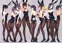 Rule 34 | 6+girls, :3, animal ears, armpits, ass, backless dress, backless outfit, bare shoulders, black bow, black bowtie, black hair, blue leotard, blush, bow, bowtie, braid, breasts, brown hair, closed mouth, covering privates, covering breasts, covering crotch, covering face, detached collar, dress, earrings, embarrassed, expressionless, fake animal ears, fishnet pantyhose, fishnets, full body, grey background, groping, hair ornament, hair over shoulder, hairband, hairclip, hiding, hiding behind another, high heels, highres, jewelry, leotard, long hair, long legs, looking at another, looking at viewer, looking back, looking down, medium breasts, mole, mole under eye, multiple girls, non-web source, original, pantyhose, parted bangs, parted lips, playboy bunny, purple hair, rabbit tail, short hair, simple background, small breasts, smile, spread ass, standing, stretching, tail, tsukino wagamo, twin braids, wrist cuffs