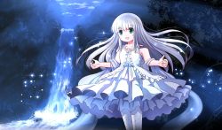 Rule 34 | 1girl, blue theme, cowboy shot, dress, forest, green eyes, highres, hime lolita, lolita fashion, long hair, nature, night, open mouth, original, outstretched arms, pantyhose, risutaru, silver hair, sky, smile, solo, very long hair, water, waterfall, white dress, white pantyhose